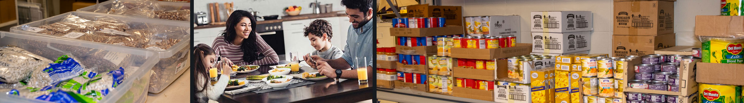 family eat meal and shelves of food